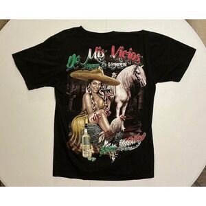 Mexican Baddie Sexy Girl Tequila T-Shirt Mis Vicios Black Rooster Horse Mens L‎